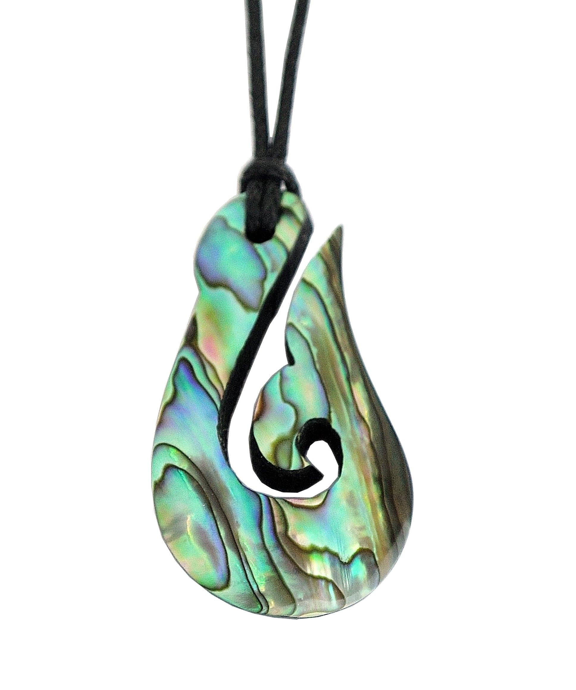Paua/Abalone shell hook whale tail necklace pendant from New Zealand - black tape.