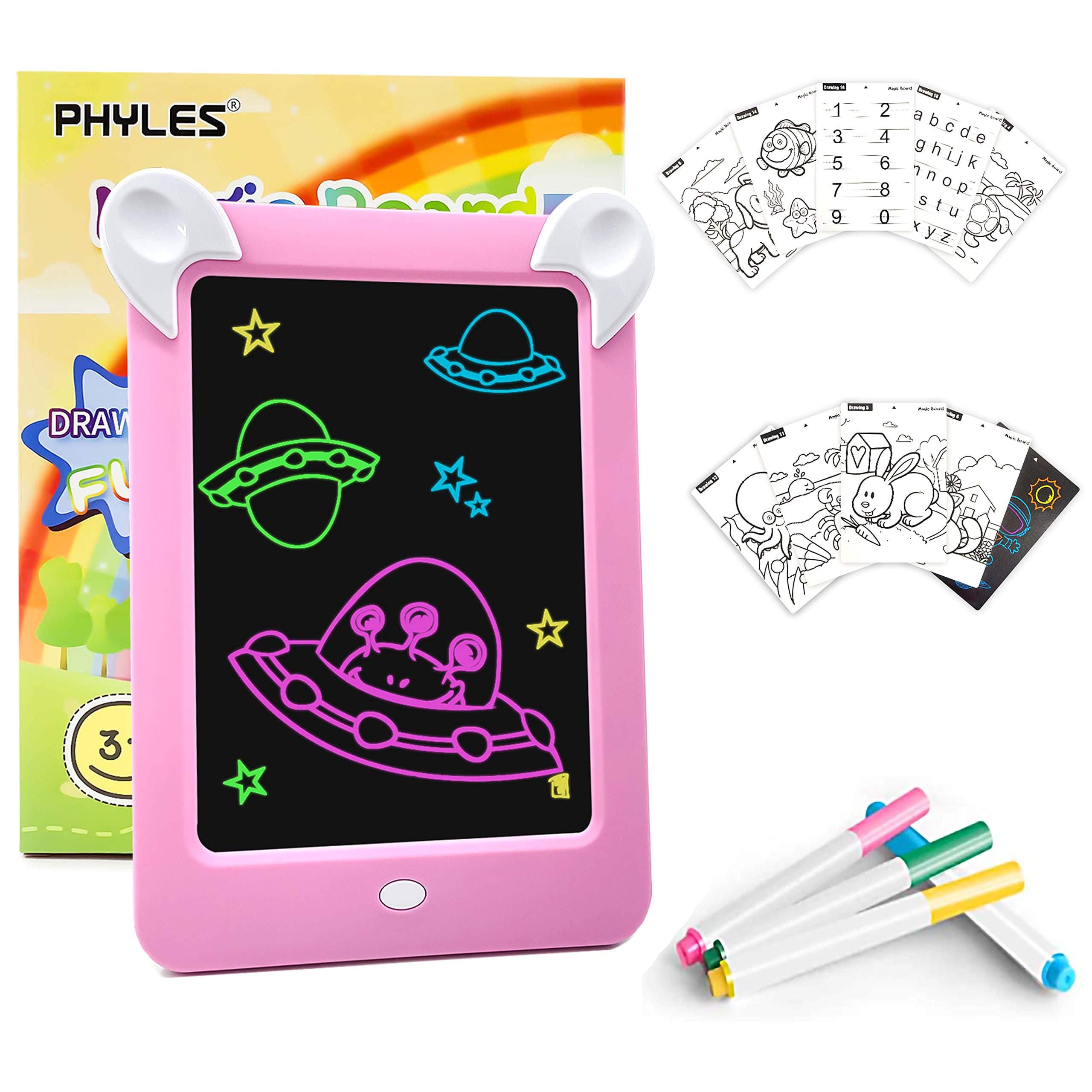 PHYLES Magic Drawing Board, Portable Glow Board, Draw with Light Toys for Kids,Glow, Draw, Sketch, Art, Educational Toys and Gifts, Includes 10 Stencils, 4 Drawing Pens, 1 Cleaning Cloth (Pink)