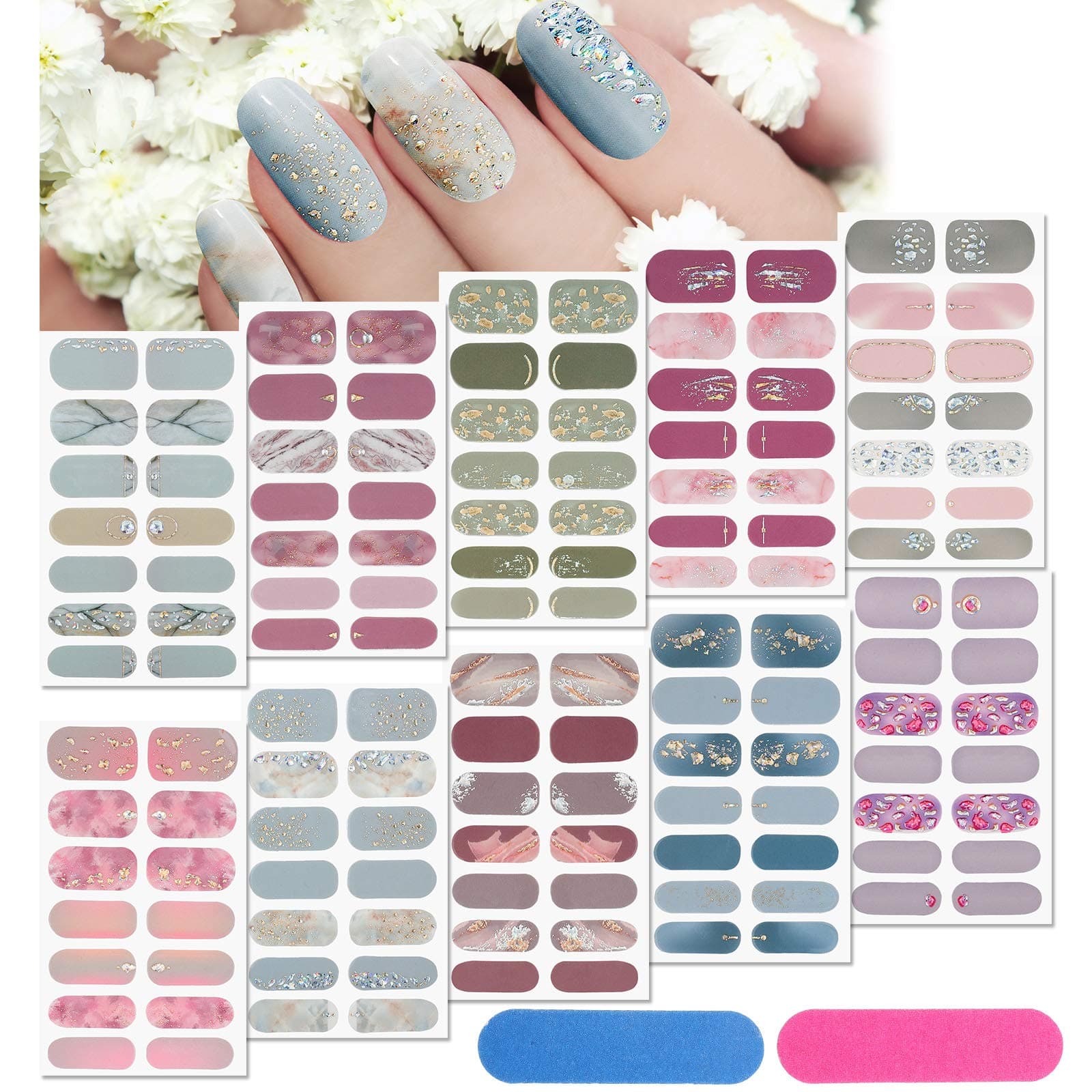 Maitys 140 Pcs 10 Sheets Glitter Full Wrap Nail Stickers for Women Short Polish Strips Gradient Stickers Self Adhesive Easy DIY Manicure Decals Strips with 2 Pcs Nail Files for Holiday Decor