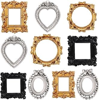Vicenpal 10 Pcs Vintage Mini Picture Frames Baroque Antique Small Resin Jewelry Display Table Frame for Christmas DIY Photo Holiday Party Decoration (Black,Gold,Silver)