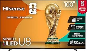 Hisense 100" Class U8 Mini-LED ULED 4K UHD Google Smart TV (100U8QG, 2025 Model) - QLED, Native 165Hz, VRR 288, Up to 5000 Nits, HDR10+, Dolby Vision IQ · Atmos, IMAX Enhanced, 4.1.2 Ch Surround