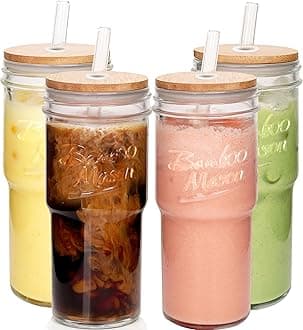 ANOTION Glass Cups with Lids and Straws - 4 Packs Drinking Glasses Coffee Bar Accessories 24 oz Travel Coffee Mug Bamboo Mason Jar Glass Straws Iced Coffee Cup Smoothie Glass Tumbler Tea Water Cups