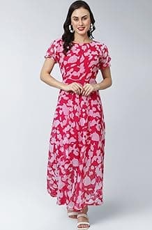 Shasmi Women's Georgette Digital Printed Maxi Dress for Women (Dress 39 Neon Pink L)