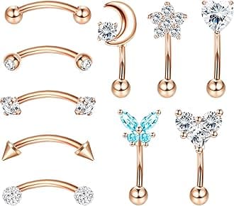 Drperfect10Pcs 16G Rook Daith Earrings for Women Stainless Steel Belly Lip Ring Cartilage Tragus CZ Body Piercing Curved Barbell Eyebrow Rings 6-8mm