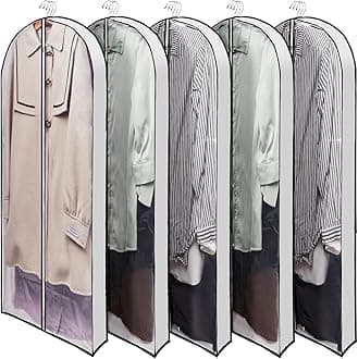 60" Long Garment Bags for Hanging Clothes, 4" Gusset for Travel Dress Closet Storage Clear Protector Cover for Gowns, Coats, Suits, 5 Packs-White