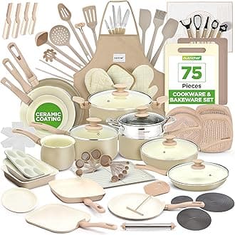 NutriChef Pots and Pans Set, Nonstick Cookware 75-Piece, Ceramic Pan Collection with Bakeware, Knife Kit, Food-Grade Safe, Stain-Resistant, Cream/Brown, Oven Safe to 190°C