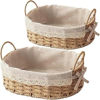 Westhood 2-Pack Oval Woven Home Storage Baskets with Washable Liner, Paper Rope Storage Baskets Straw Rattan Basket for Organizing with Handle, Cosmetic Storage Box (Oval)