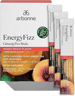Arbonne Ginseng Energy Supplements - Peach Mango Flavor Fizz Sticks, Energy Boost with Caffeine Powder from Guarana and Green Tea, Delicious Alternative to Caffeine Pills