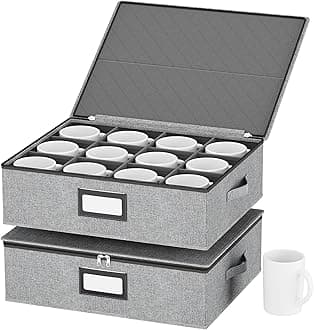 homyfort Coffee Mug Storage Box Organizer with Dividers, China Tea Cup Storage Containers Hard Shell, Service for 24 Coffee Mugs or Tea Cups (Grey)
