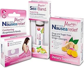Sea-Band Mama Maternity Kit That Includes: 1 Pair of Maternity Anti Nausea Morning Sickness Bands, Drug-Free Nausea Relief Ginger Lozenges, and an Aromatherapy Calming Rollette with Essential Oils