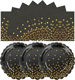 50PCS Black and Gold Paper Plates and Napkins, 7Inch Black and Gold Dot Party Supplies Disposable Party Plates Tableware Set for Birthdays, Graduations, Fathers Day Retirement and Weddings Decorations
