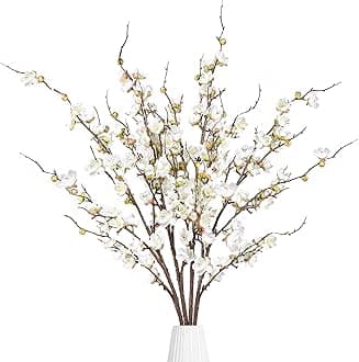 Sggvecsy Artificial Plum Blossom Flowers 4 Pcs Faux Cherry Blossom Stems Faux Silk Plum Blossom Branches 36.2’’ Fake Flowers Long Stems for Vase Arrangements Home Wedding Table Decor (White)