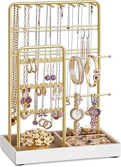 SONGMICS Accessory Stand Stylish Jewelry Necklace Stand Organizer Large Capacity with Metal Frame & Velvet Tray Necklace, Earrings, Bracelet Storage Stud/Ring Compatible Gift 20x11.5x30.8cm