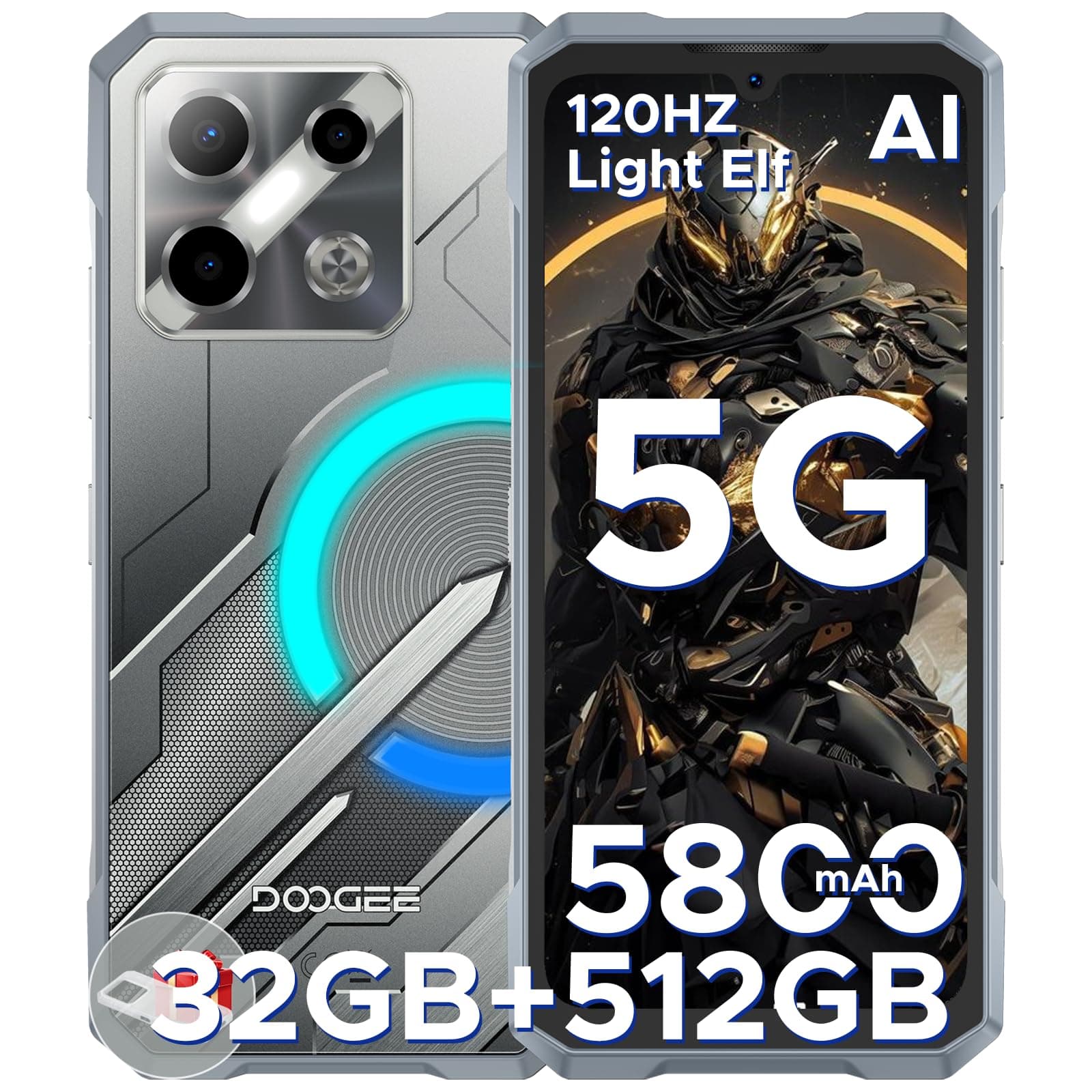 DOOGEE Blade GT Pro 5G Rugged Phone with LED Light Effect,32GB+512GB/2TB Rugged Smartphone,6.72ā FHD+120Hz, 5800 mAh Android Phone,100MP+32MP AI Camera/Face& Finger ID/NFC,Sliver