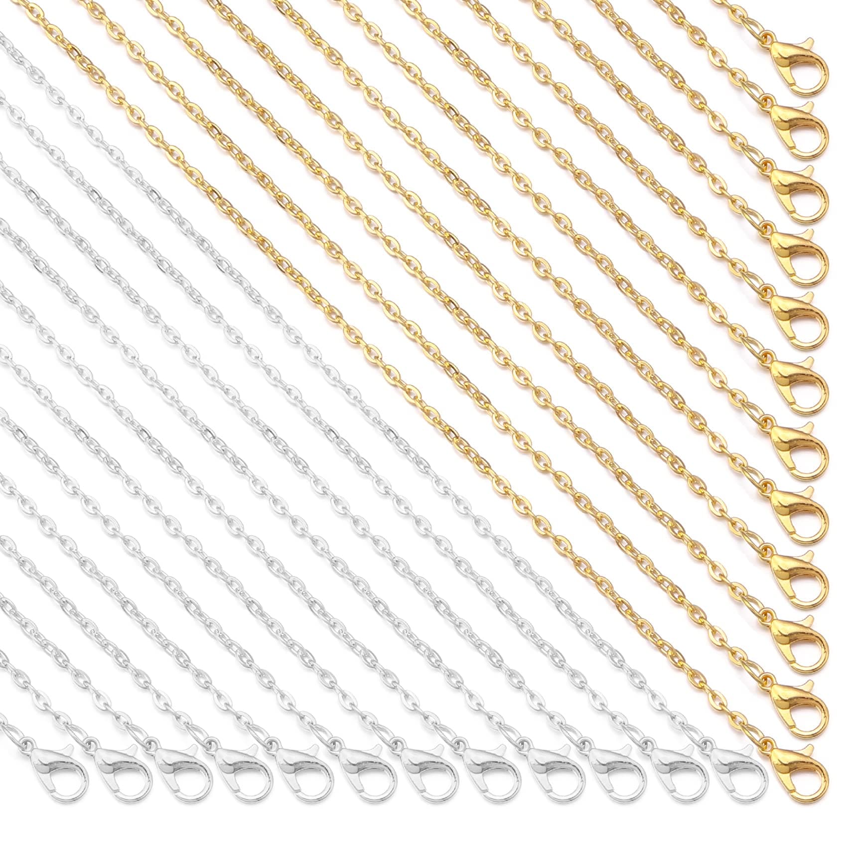 Forise 24 Pack Necklace Chains Bulk 2mm Gold and Silver Alloy Cable Links Chains for DIY Jewelry Making 18 Inches