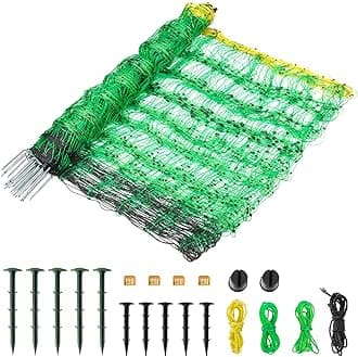 Electric Fence Netting, 49.6" H x 164' L, PE Net Fencing Kit with 14 Posts Double Spiked, Utility Portable Mesh for Sheep Goats Deer Hogs Dogs Lambs Used in Backyards Farms and Ranches, Green