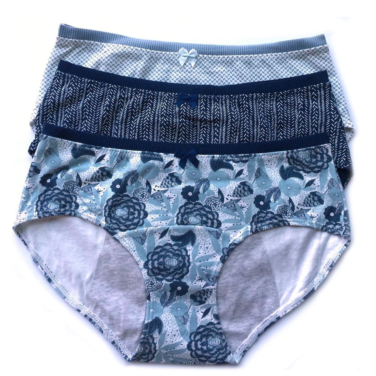 3 Pack Assorted Blue Mixed Color Cotton Brief Menstrual Period Panty, Light Incontinence Panty, Absorbent Cotton Panty (Medium)