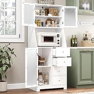 64'' Kitchen Pantry Storage Cabinet, Tall Kitchen Storage Cabinet with Microwave Stand, Hutch Cabinet with Adjustable Shelves, for Dining Room (White)