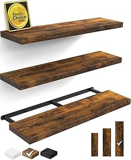 BAYKA Floating Shelves for Wall, 36 inches Wall Mounted Wood Shelves for Bathroom, Bedroom, Living Room, for Storage/Decor with 30lbs Capacity - Rustic Brown,Set of 3