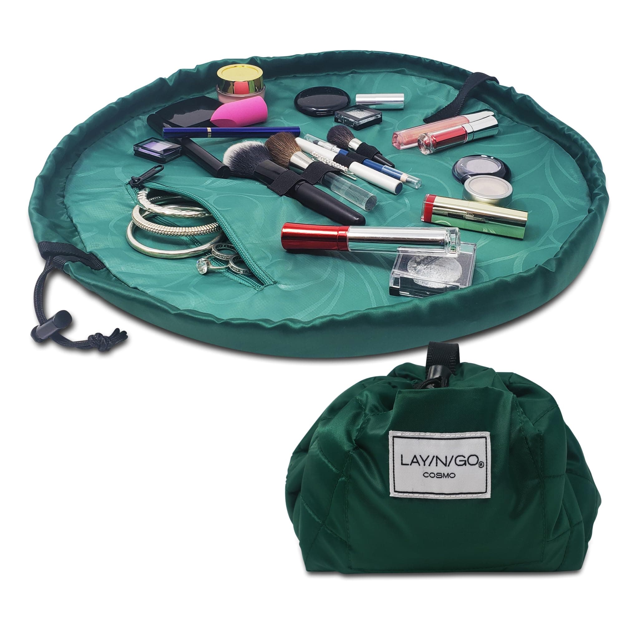 Cosmo Drawstring Cosmetic & Makeup Bag Organizer - Portable Drawstring Makeup Bag w/Zipper Pocket, Makeup Loops & More - Durable, Machine Washable Toiletry Bag for Travel (20", Evergreen)