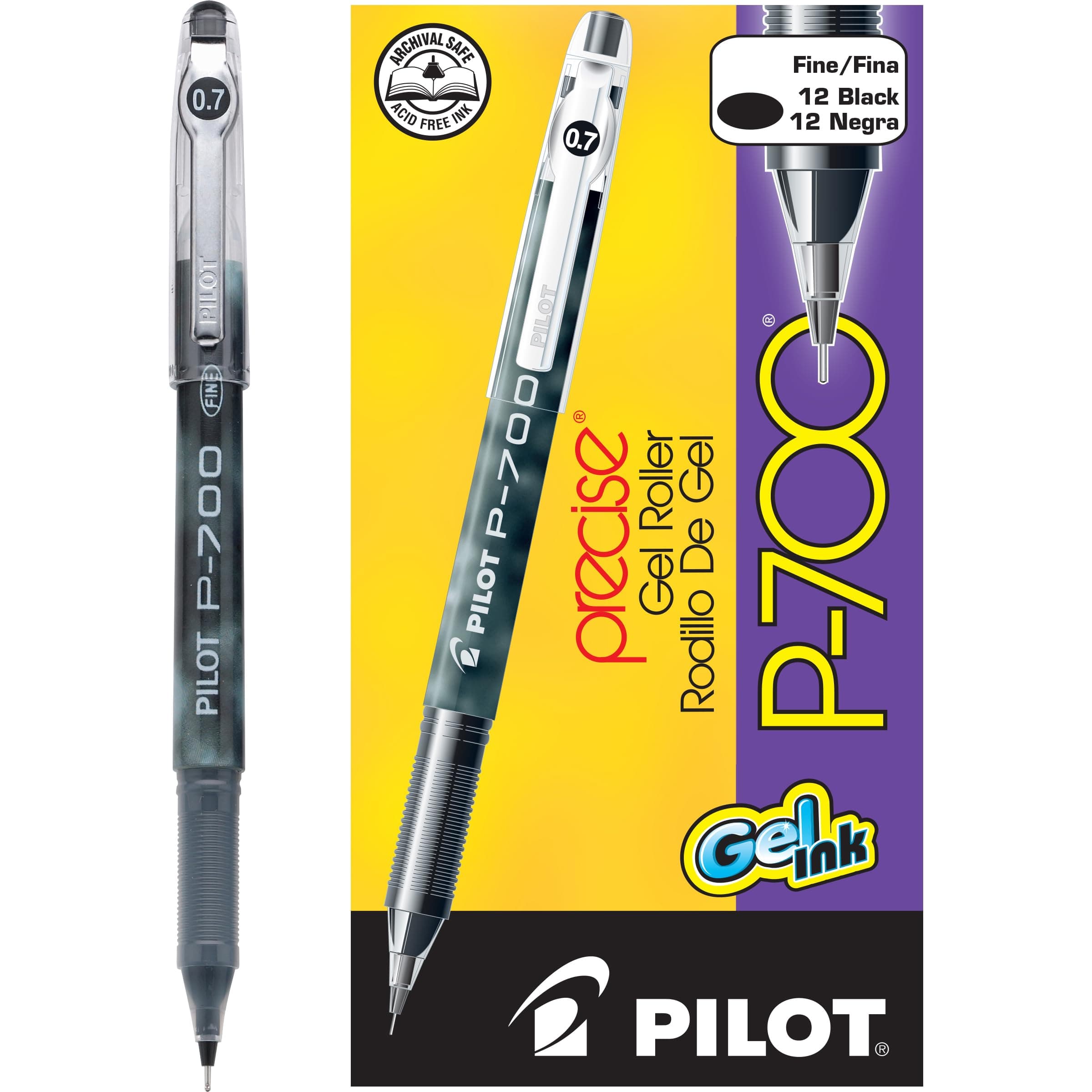 PILOT Precise P-700 Gel Ink Rolling Ball Stick Pens, Marbled Barrel, Fine Point, Black Ink, 12-Pack (38610)