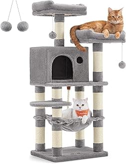 Cat Tree, 44.1-Inch Cat Tower for Indoor Cats, Multi-Level Cat Condo with 11 Scratching Posts, 2 Perches, Cave, Hammock, Light Gray UPCT215W01