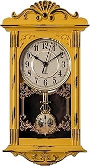 Vintage Grandfather-Style Wall Clock with Wood-Effect Plastic Pendulum, Battery-Operated - for Home Decor, Living Room, Home Office, Kitchen or Dining Room – Yellow with Distressed Finish