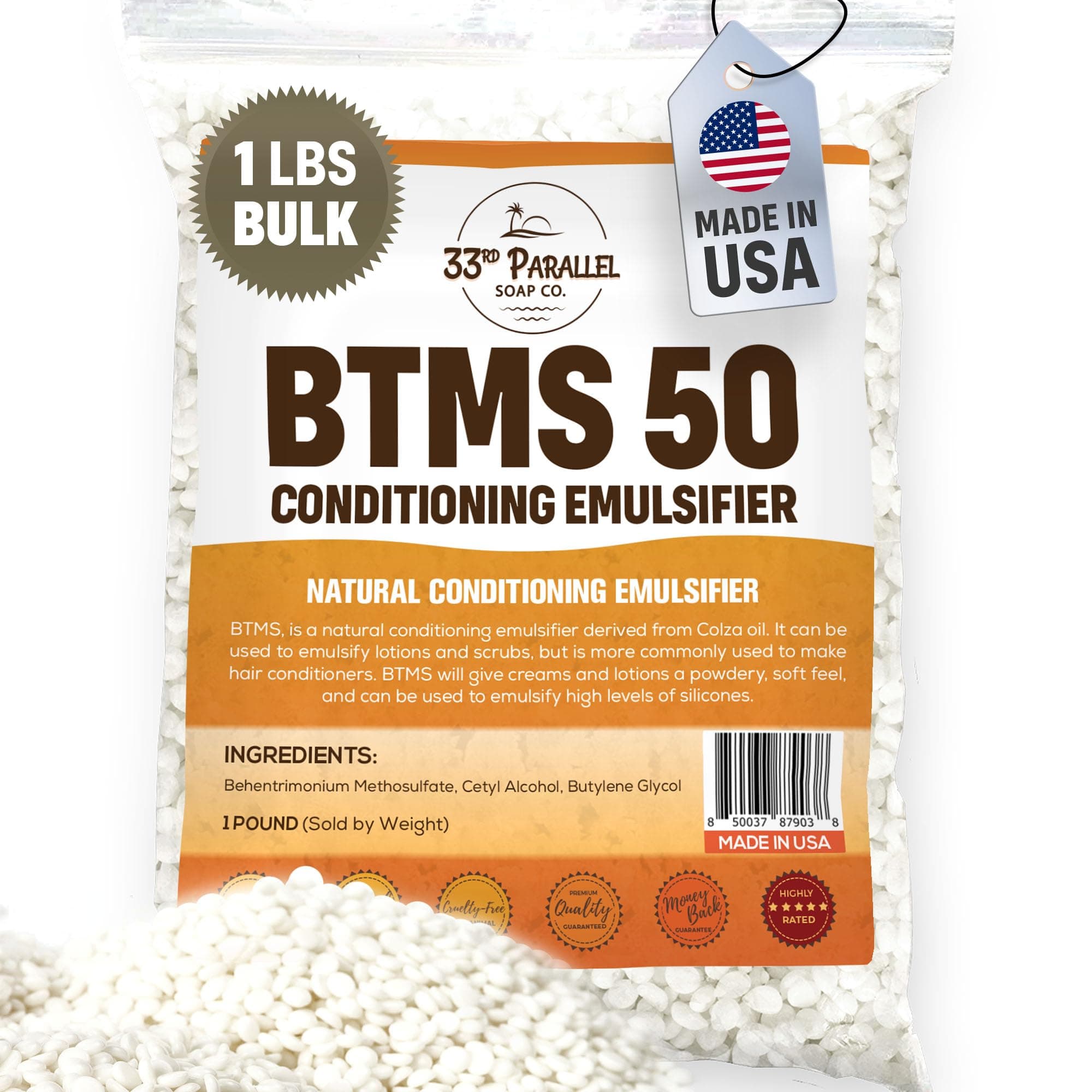 BTMS 50 (1 LBS / 16 Oz) Conditioning Emulsifier | 100% Natural Plant Derived | Behentrimonium Methosulfate Cetearyl Alcohol Emulsifying Conditioner | Product of USA (1 POUND)