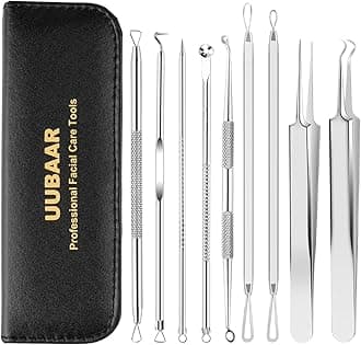UUBAAR 9PCS Blackhead Remover Tools, Pimple Popper Tool Kit with 2 Tweezers, 304 Stainless Steel Comedone Extractor, 16 Precision Heads Face Nose Acne Zit Removal, Home Esthetician Use & Leather Case