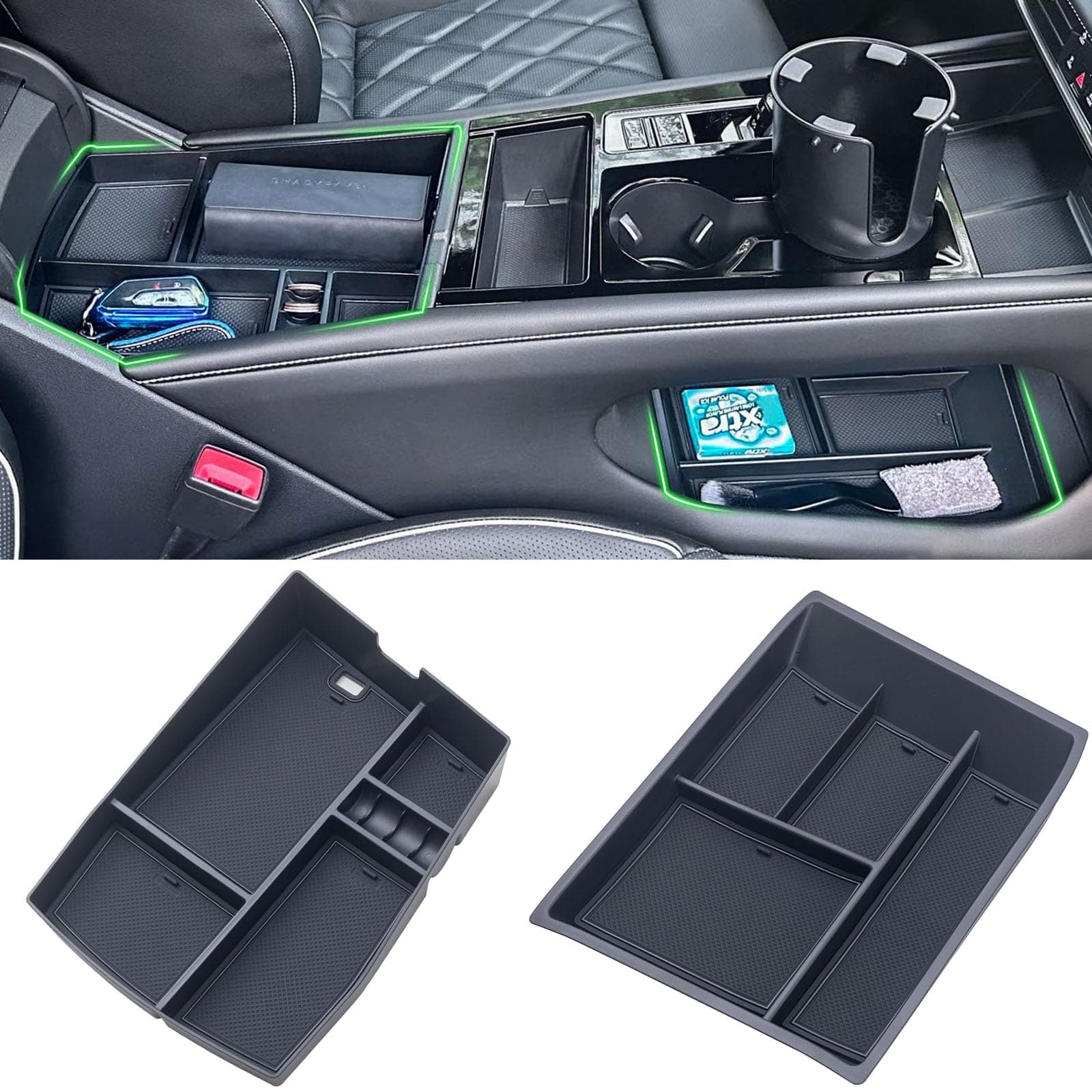 TOPINSTALL 2PCS Console Trays Compatible with 2024 2025 VW Atlas/Atlas Cross Sport Accessories, Armrest Organizer & Lower Center Console Tray Bottom Storage Insert Interior Accessory