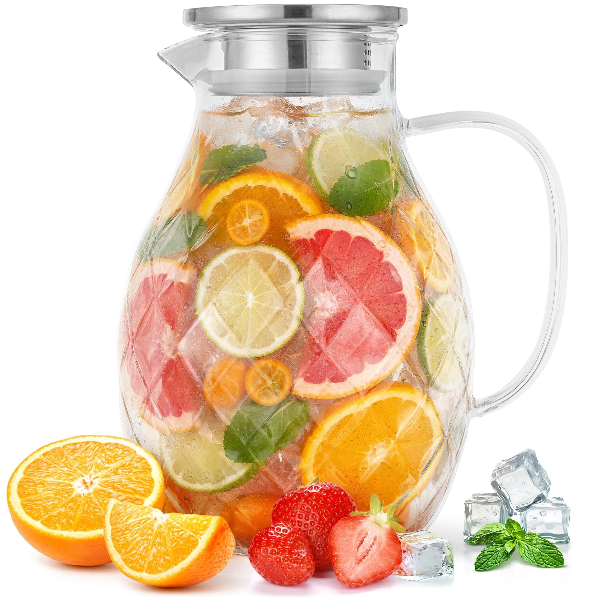 Glass Pitcher with Lid and Spout - 2 Liter / 68 oz, Borosilicate Glass w/Handle - Carafe for Hot/Cold Beverages - Water Jug - Iced Tea Pitcher - Juice Server - by PJC-Kitchen