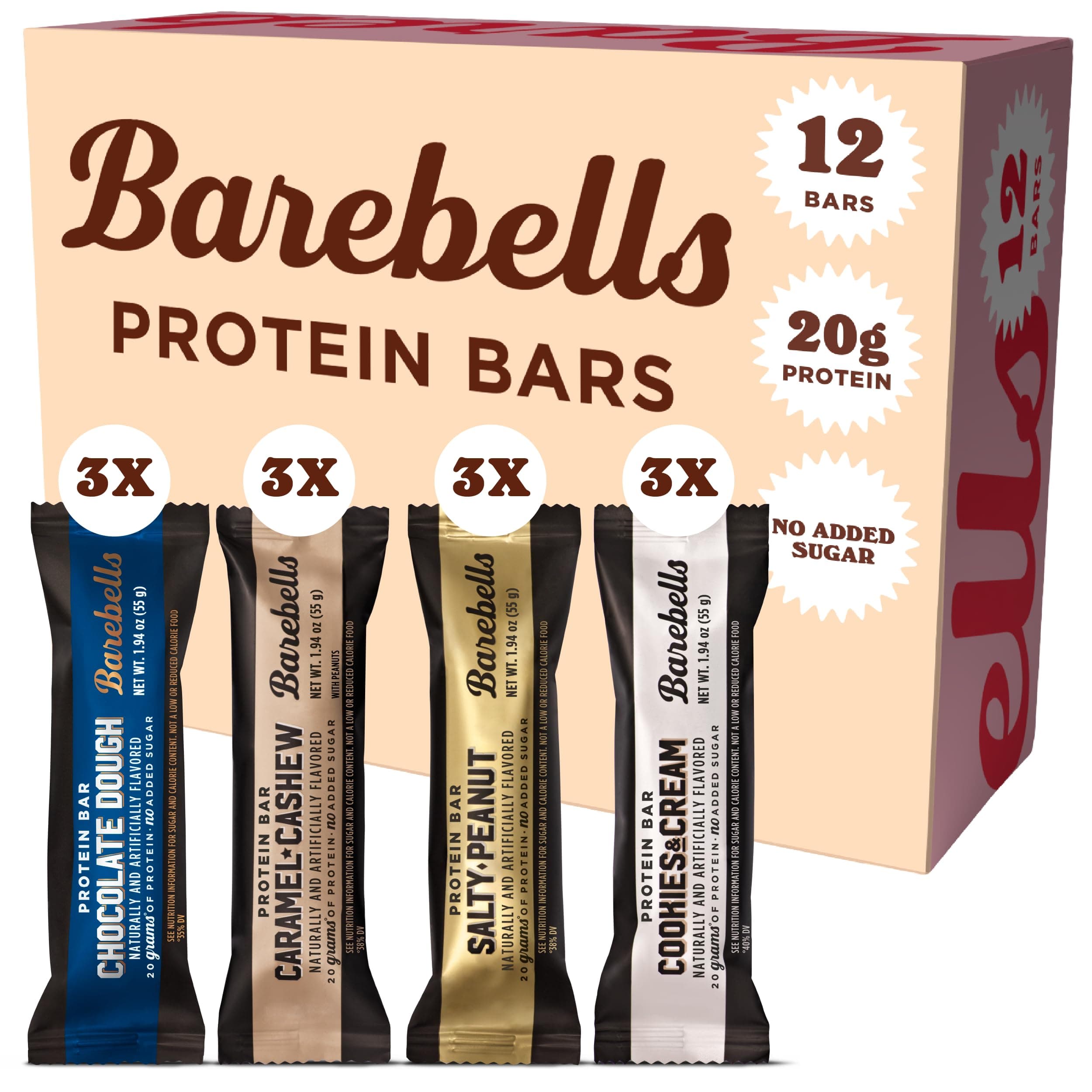 Barebells Protein Bars Variety Pack - 12 Count, 1.9oz Bars - Protein Snacks with 20g of High Protein - Chocolate Protein Bar with 1g of Total Sugars - Perfect on The Go Protein Snack & Breakfast Bars