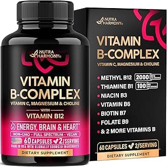 Vitamin B Complex for Men & Women - Made in USA - 11-in-1 B-Complex: B1, B2, B3, B5, B6, B7, B8, B9, B12 with Vitamin C, Choline, Inositol - Energy, Brain & Heart Support Supplement, 60 Vegan Capsules