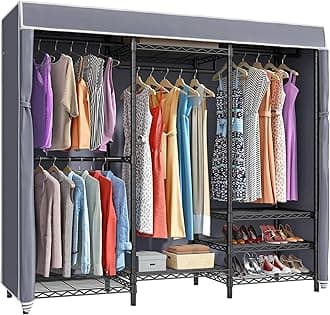 V5C Portable Clothes Closet Wardrobe Bedroom Armoires Heavy Duty Covered Clothes Rack, Black Metal Clothing Rack with Grey Oxford Fabric Cover, Adjustable Custom Closet Rack 68.9"Lx15.7"Wx76.4"H