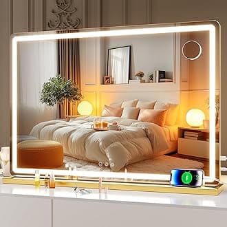 Hasipu Vanity Mirror with Lights, 80 x 55cm LED Makeup Mirror, Lighted Makeup Mirrors with Dimmable 3 Modes, Touch Screen Control Vanity Mirrors Round Gold