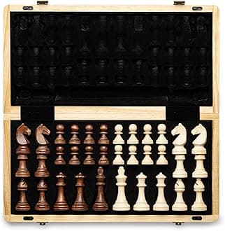 15 inch Foldable Wooden Magnetic Chess Set w/ 3 inch King Height Staunton Chess Pieces - Pine Box w/Walnut & Maple Inlay