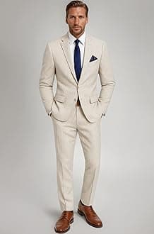 Emigre Mens Tan and White Striped Seersucker Two Button Cotton Suit