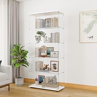 Glass Display Cabinet 5-Shelf with 2 Doors and Lock, Curio Cabinets Upgraded Quick-Install Style Tempered Glass Floor Standing Bookshelf for Living Room, Bedroom, Kitchen White
