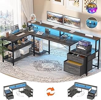 Aheaplus L Shaped Desk with File Drawer, 72.8" Reversible L Shaped Computer Desk with Power Outlet & LED Strip, Gaming Desks with Monitor Stand, Corner Office Desks with Storage Shelf, Grey Oak