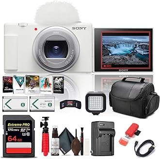 Sony ZV-1 II Vlog Camera for Content Creators and Vloggers (White) (ZV-1M2/W) + 64GB Card + Photo Software + NP-BX1 Battery + Card Reader + LED Light + Soft Bag + Charger + Flex Tripod + More