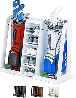 Premium Wooden Golf Bag Organizer and Storage Rack - Black, White or Brown Finish - Holds 2 Golf Bags