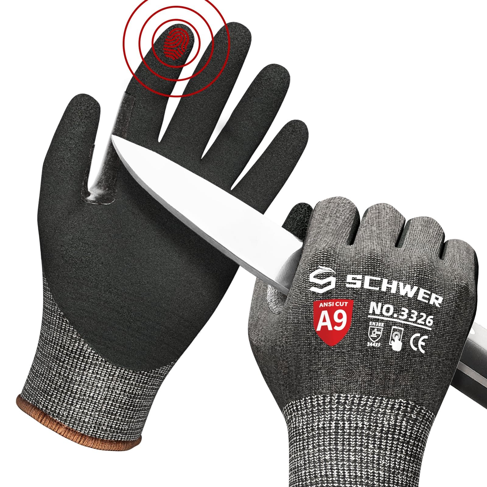 Schwer Highest Level Cut Resistant Work Gloves for Extreme Protection, ANSI A9 Working Gloves with Sandy Nitrile Coated, Touch-screen, Compatible, Durable, Machine Washable, Black 1 Pair（M）