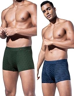 Modal Regular Fit Printed Trunk Underwear Anti-Bacterial Moisture Wicking Breathable Microfibre Waistband Comfortable Deo-Soft Trunks for Men-Darted Green, Comet Blue-S