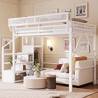Mirightone Full Size Loft Bed with Stairs and Storage, Metal Loft Bed Frame with Bedside Shelf and Large Under-Bed Space, Heavy-Duty Loft Beds for Adults Teens and Kids, Convertible Staircase, White