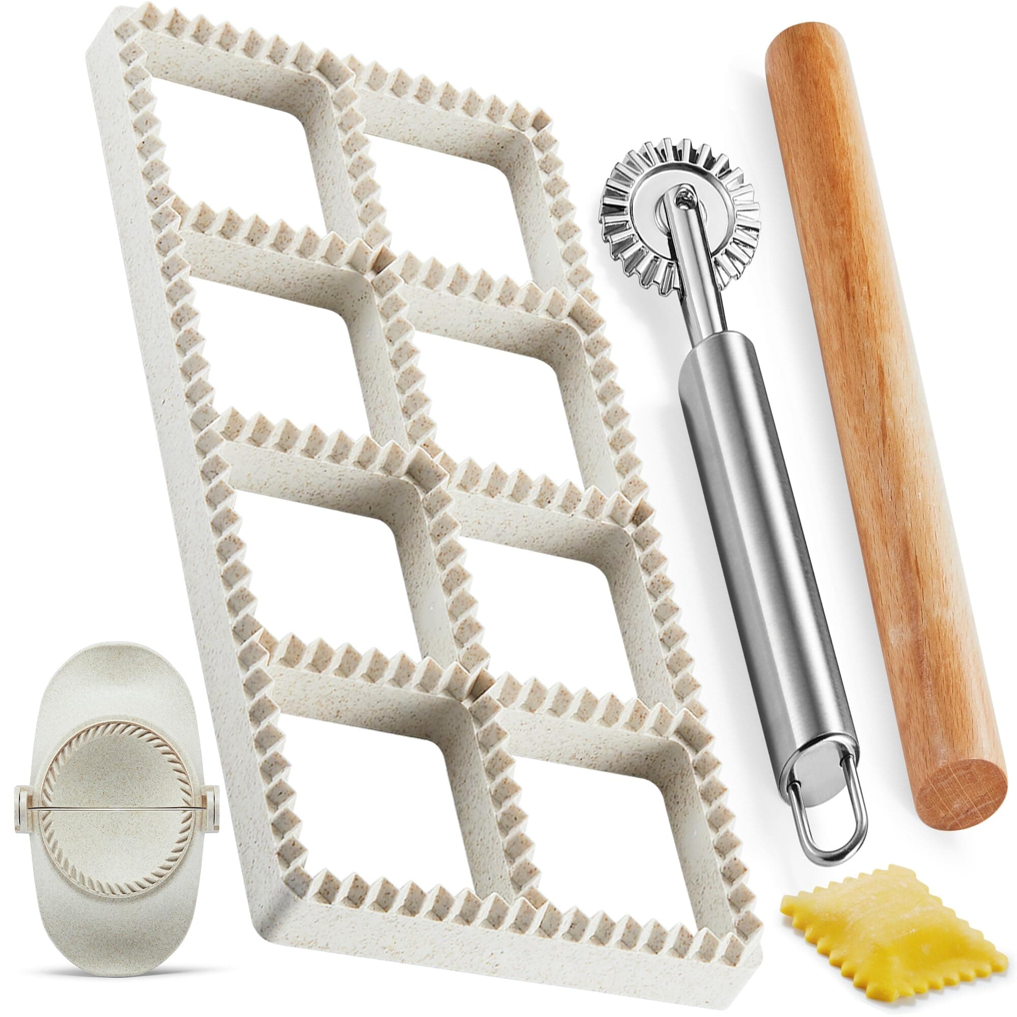 Ravioli Maker Press, Ravioli Press Mold Set - 1.85" Squares Ravioli Stamp Maker Cutter with Wood Rolling Pin, 2.6" Empanada Maker Press Kit and Ravioli Wheel, Makes 8 Ravioli