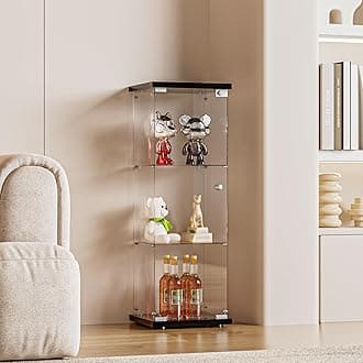 FANYUSHOW 3-Shelf Glass Display Cabinet with Door, Upgraded Quick-Install Style Curio Cabinets 5mm Tempered Glass Floor Standing Bookshelf for Bedroom, Living Room 49.1”x 16.7”x 14.3” Black