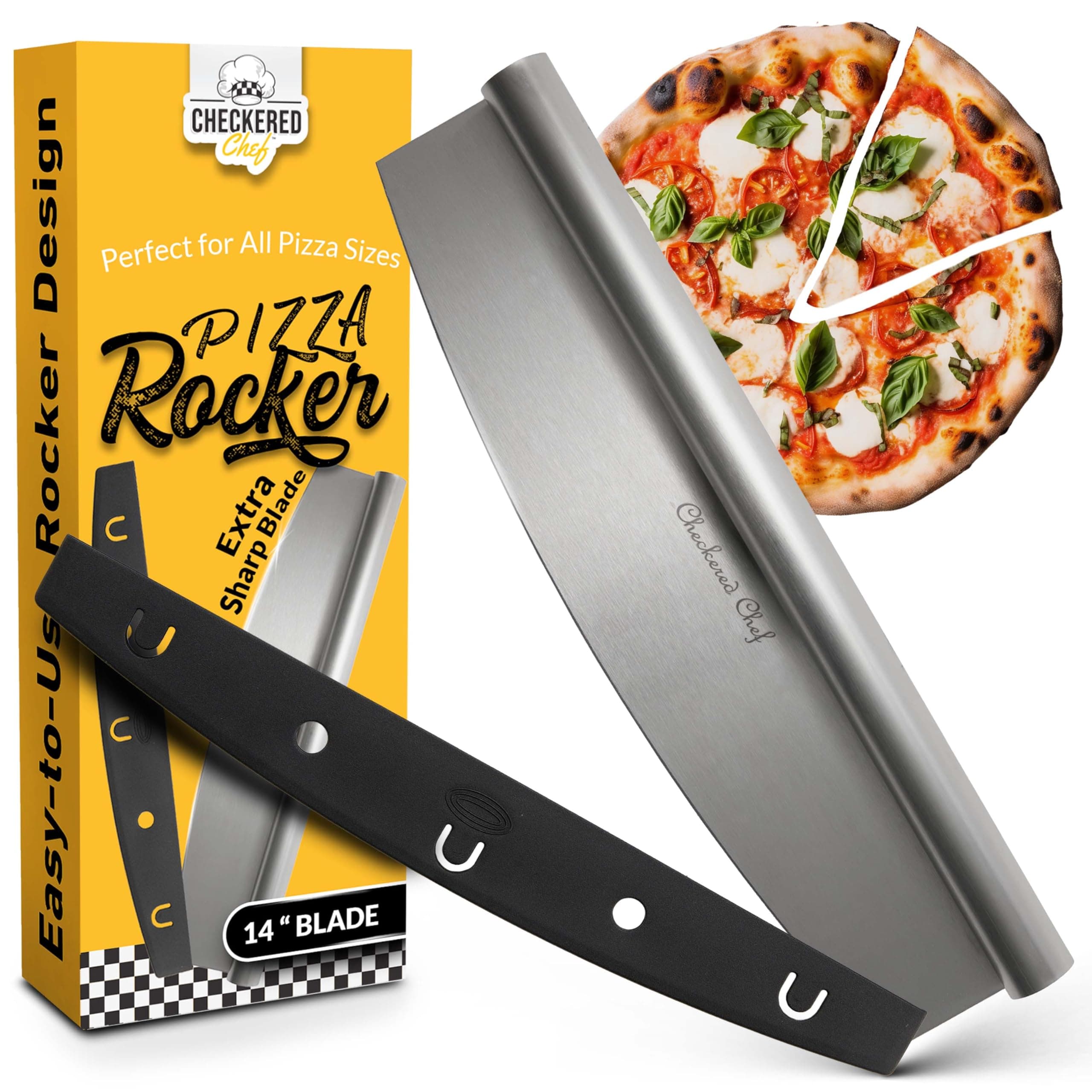 Pizza Cutter Rocker Blade 14" - Sharp Stainless Steel Rocker Knife with Plastic Blade Sheath, Dishwasher Safe, Outdoor Pizza Oven Accessories