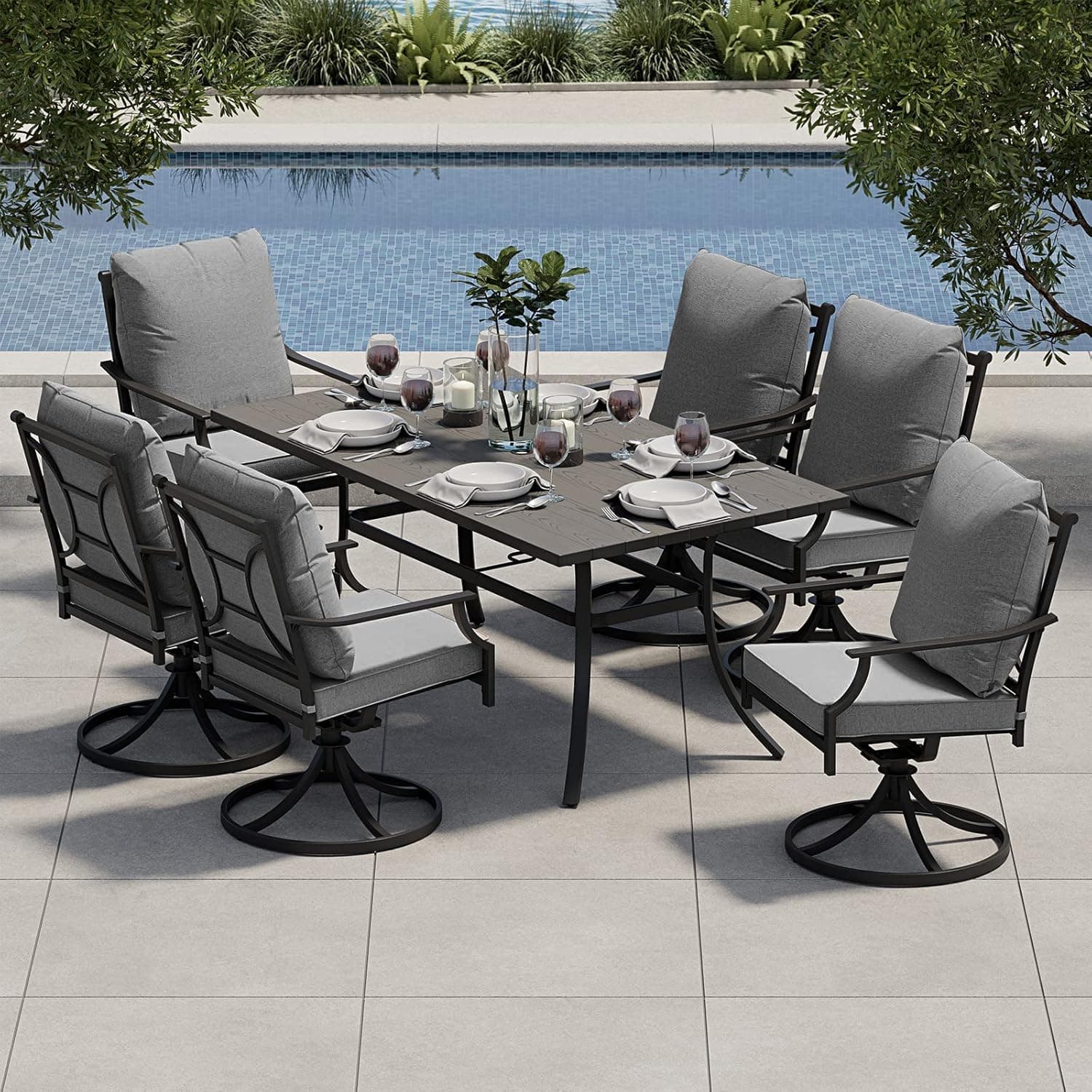 7-Piece Patio Dining Set for 6, E-Coated Outdoor Dining Set Swivel Patio Dining Chairs with Olefin Cushions & 1 Black Rectangular Faux Woodgrain Dining Table with 1.5”Market Umbrella Hole