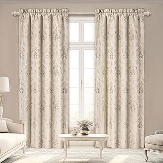 Damask Curtains for Windows, Blackout Curtains 132x213cm for Bedroom Living Room Kitchen, 2 Panels with Tiebacks, Rod Pocket (Light Champagne)