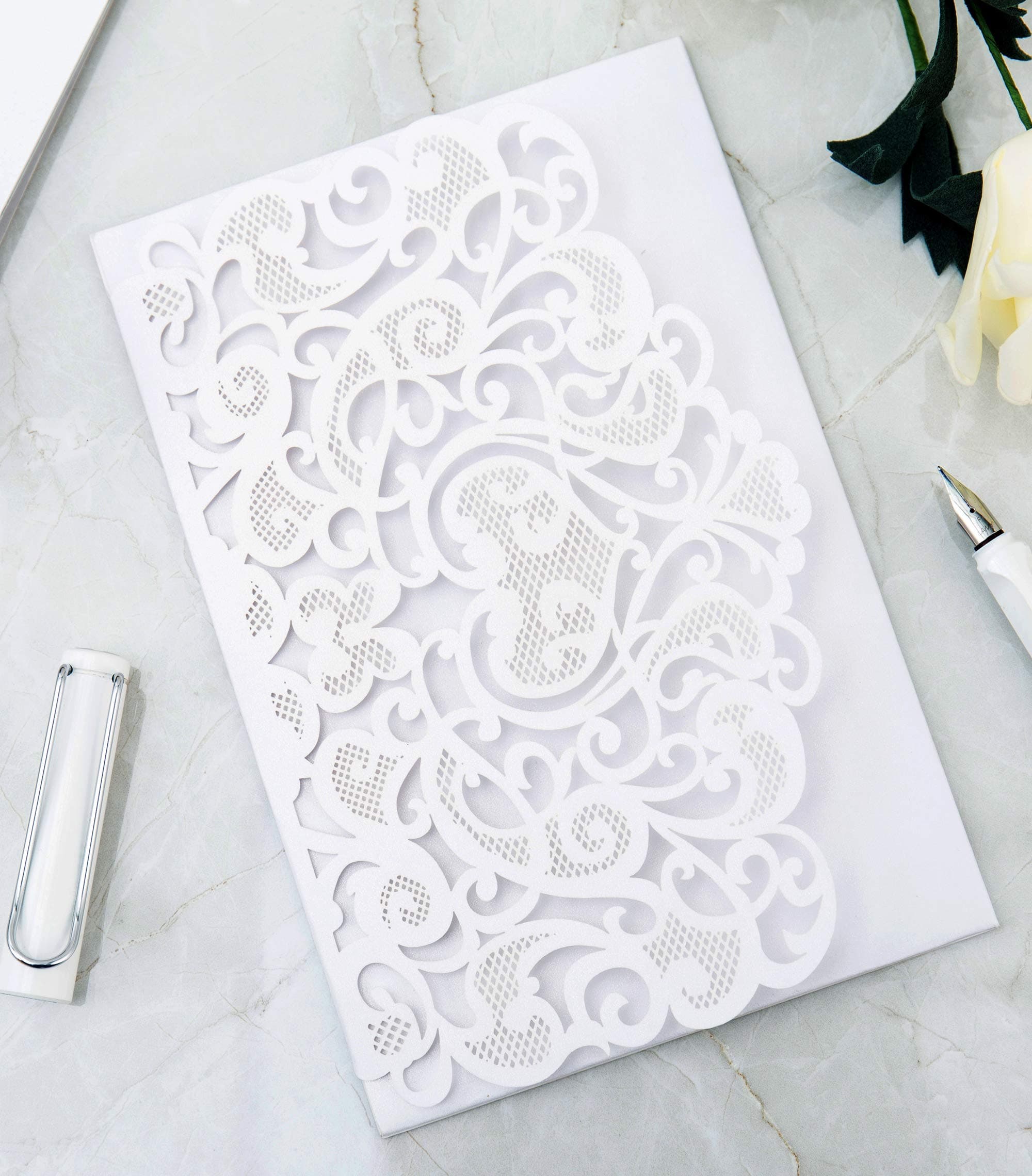 25PCS Laser Cut Invitations, 4.9''x 7'' Wedding Invitations with Blank Paper,Envelopes for Wedding Bridal Shower Anniversary Birthday Party (White)